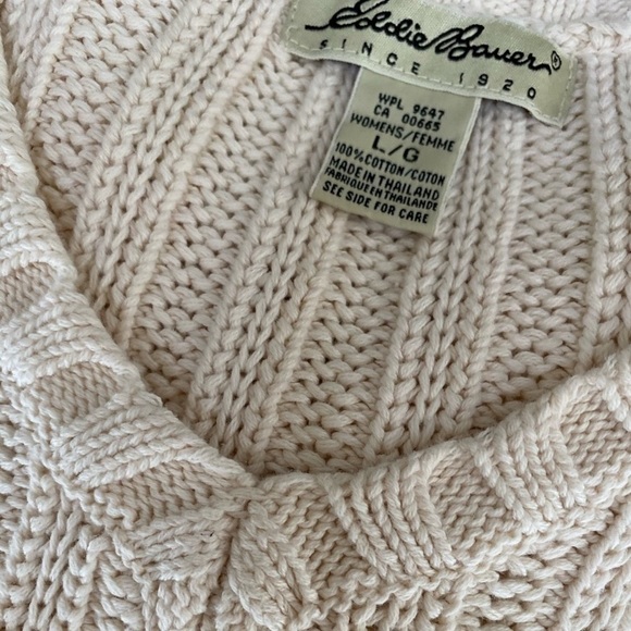 Vintage Eddie Bauer Sweater V-neck Cotton Knit Ivory Cream Off White Size Large - Picture 15 of 16